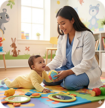 Doctora acompañando a bebé durante estimulación temprana